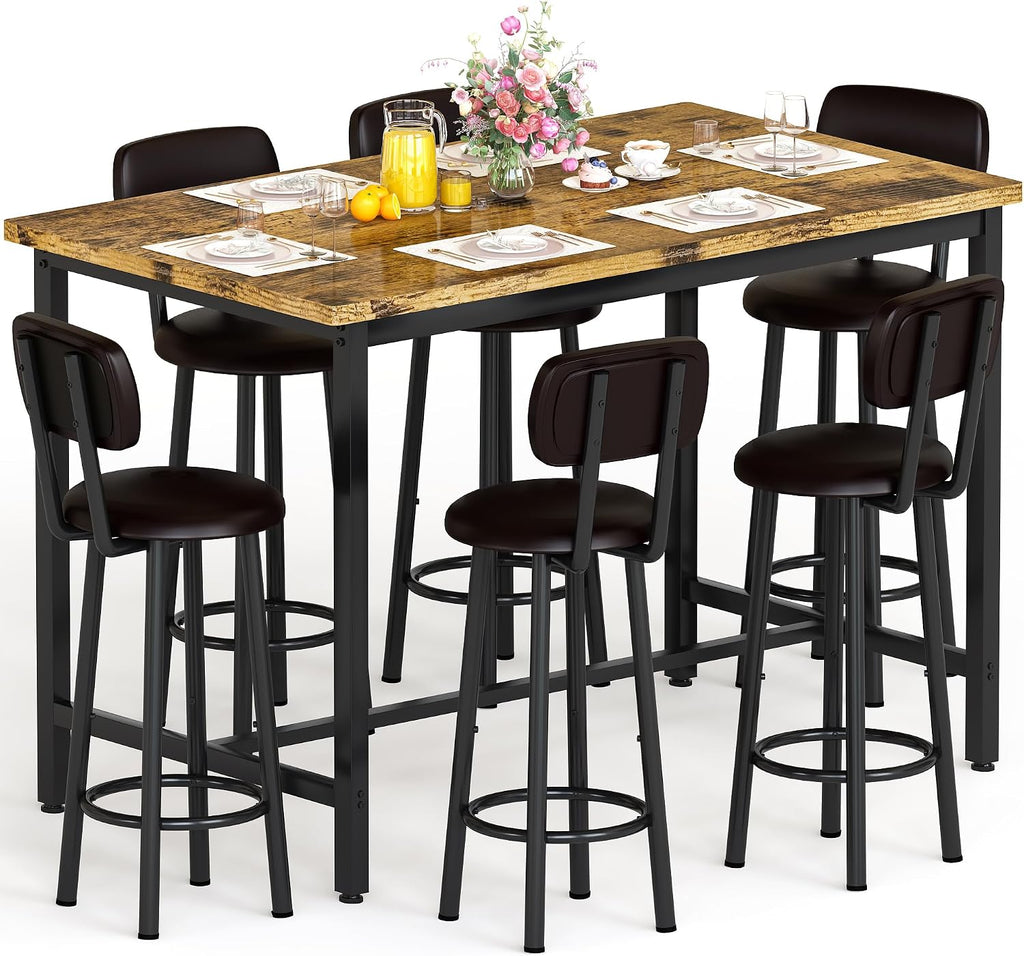Recaceik 50" Dining Table Set for 6, 7-Piece Counter Height Bar Table Set with Upholstered Stools, Space-Saving Modern Pub Set for Kitchen, Breakfast Nook & Home Bar, Rustic Brown
