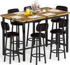 Recaceik 50" Dining Table Set for 6, 7-Piece Counter Height Bar Table Set with Upholstered Stools, Space-Saving Modern Pub Set for Kitchen, Breakfast Nook & Home Bar, Rustic Brown