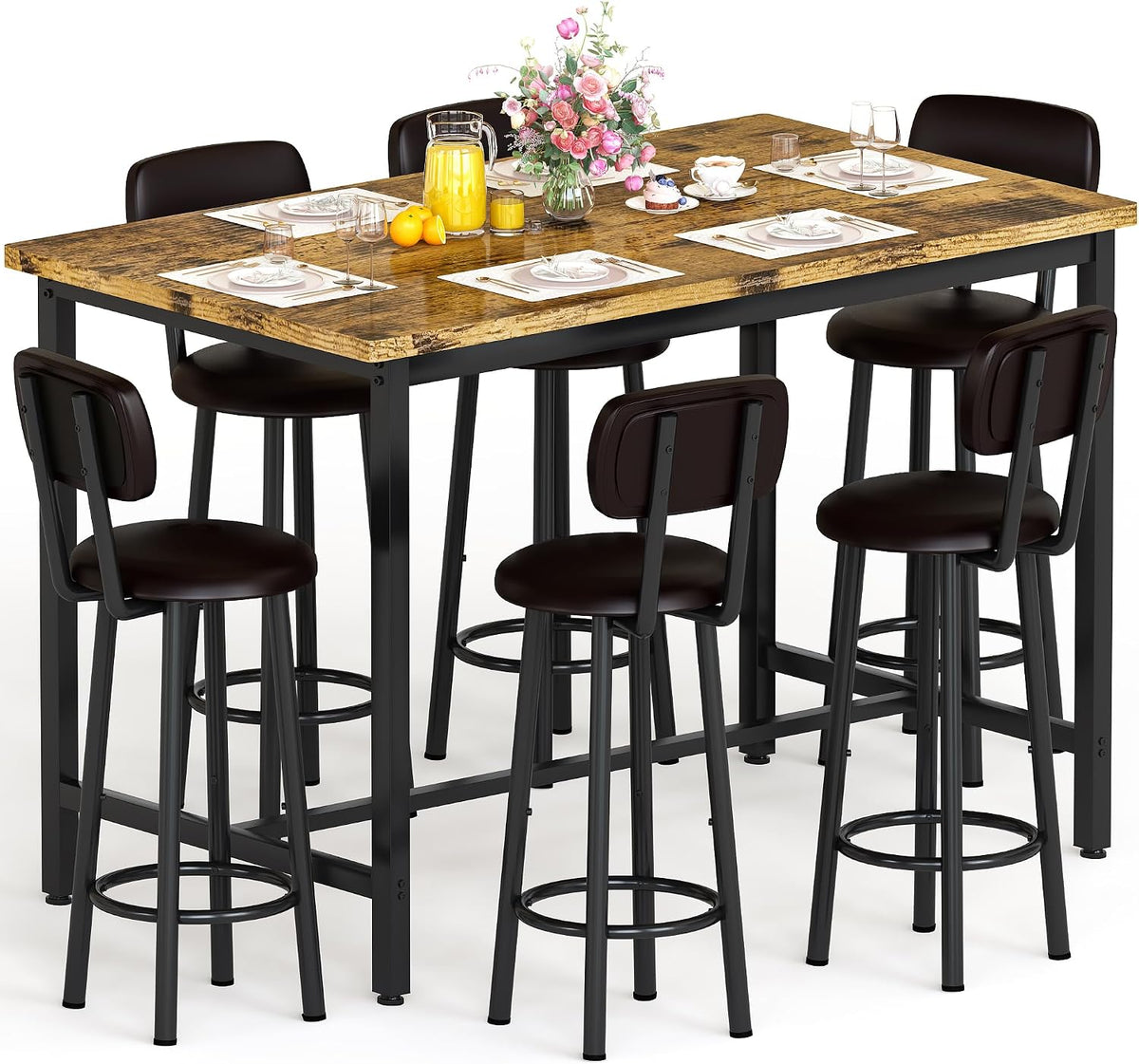 Recaceik 50" Dining Table Set for 6, 7-Piece Counter Height Bar Table Set with Upholstered Stools, Space-Saving Modern Pub Set for Kitchen, Breakfast Nook & Home Bar, Rustic Brown