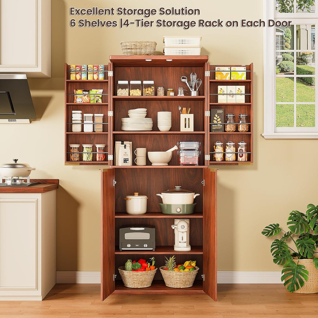 72" Tall Kitchen Pantry Modern Fluted Wood Storage Cabinet with Doors,6 Door Shelves, Organizer, Versatile Cupboard for Kitchen Dining (Walnut-Fluted)
