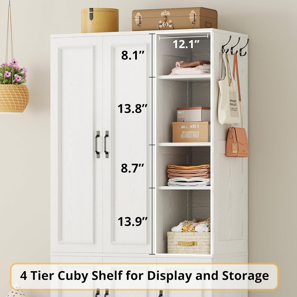 LIKIMIO Armoire Wardrobe Closet 70" H, 5 Doors for Bedroom, White | Wooden Wardrobe with 4 Storage Shelves and Hanging Rod, Clothing Storage Cabinet Organizer Combination
