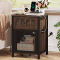 FATORRI End Table with Charging Station, Farmhouse Side Table with Drawer, Rustic Wood and Metal Nightstand and Bedside Tables for Living Room (Rustic Brown)