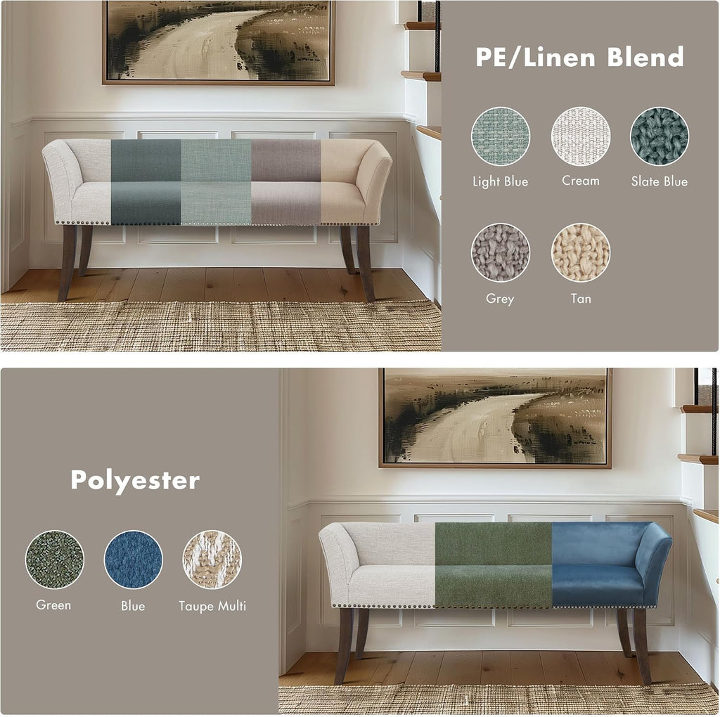 Madison Park Accent Bench, Upholstered with Nailhead Trim, & Padded Seat Entryway Bench Small, End of Bed Bench with Back, 49.5" W x 19.25" D x 23" H, Grey