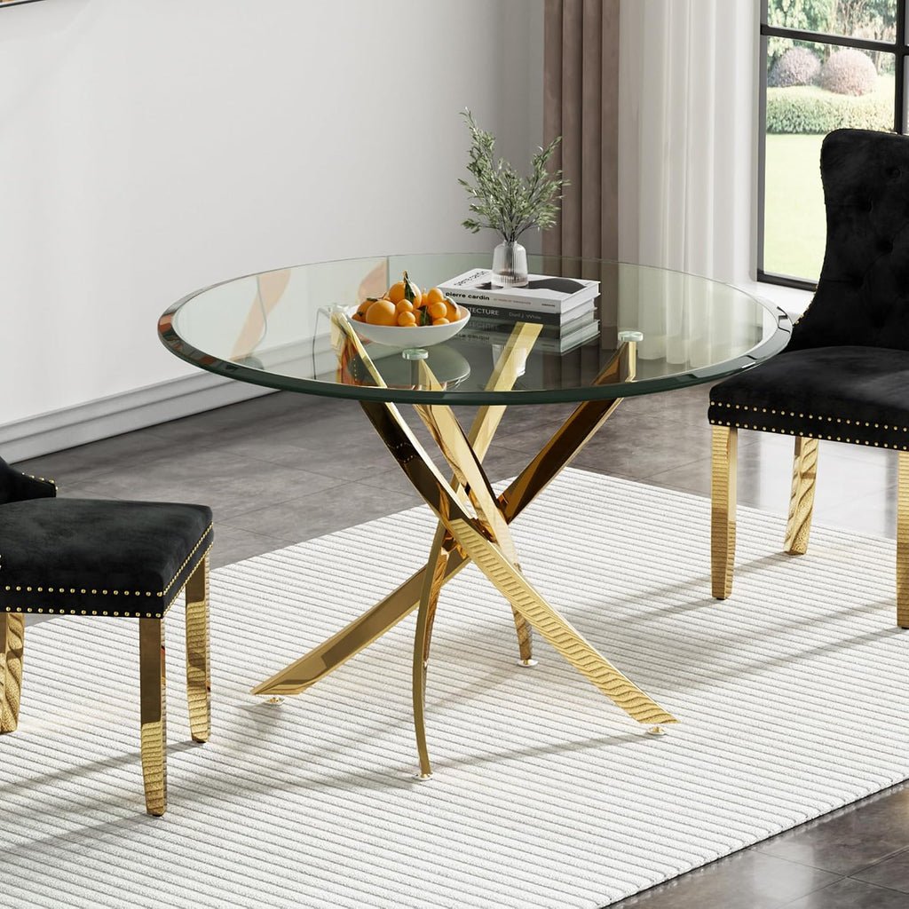 36" Glass Dining Table for 2-4, Modern Dining Room Table with 0.39" Tempered Glass Top and Cross X-Shaped Gold Stainless Steel Base, Round Kitchen Dinner Table for Dining Room