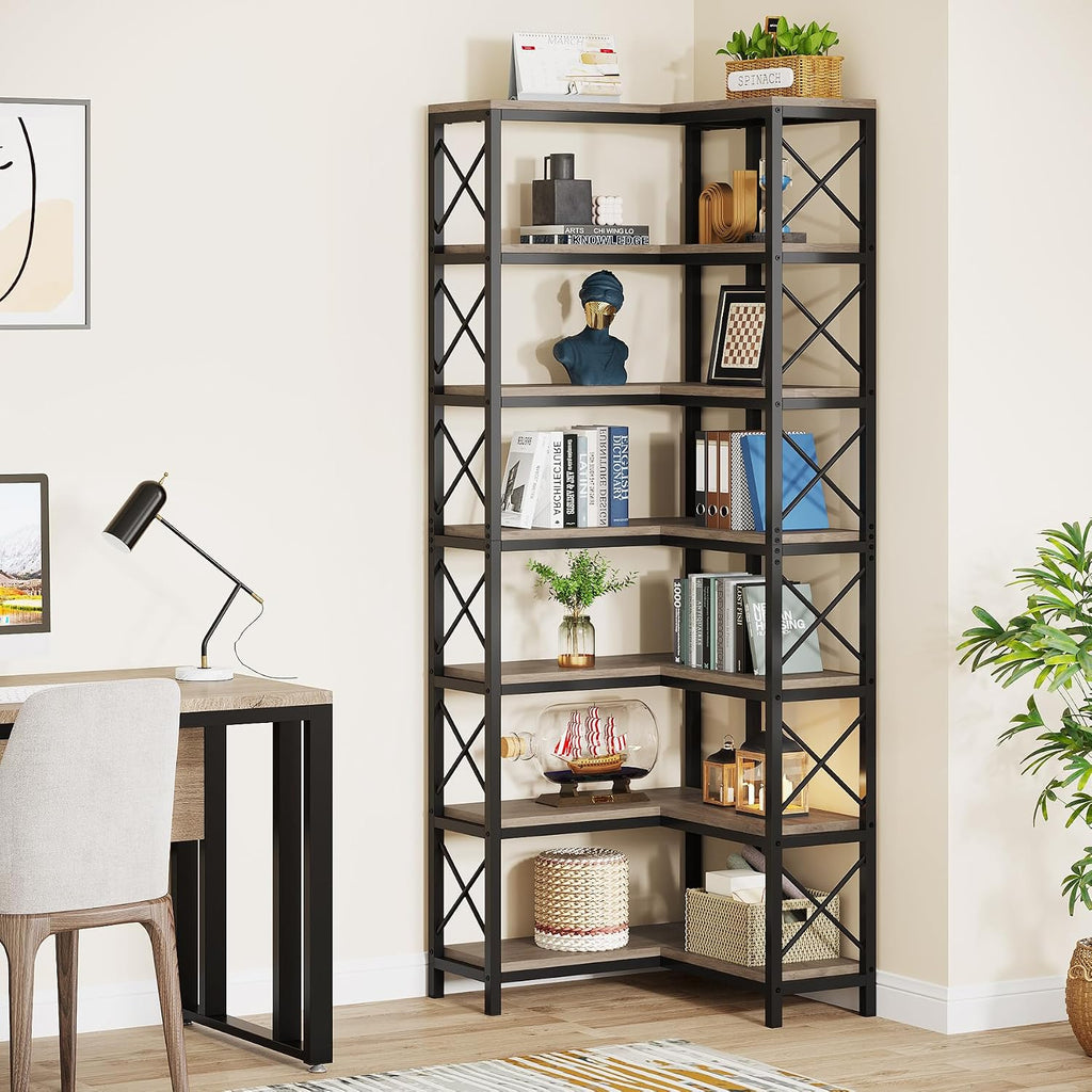 Tribesigns 7-Shelf Corner Bookshelf,Large Modern Corner Bookcase, 7-Tier Tall Corner Shelf Storage Display Rack with Metal Frame for Living Room Home Office (Grey)