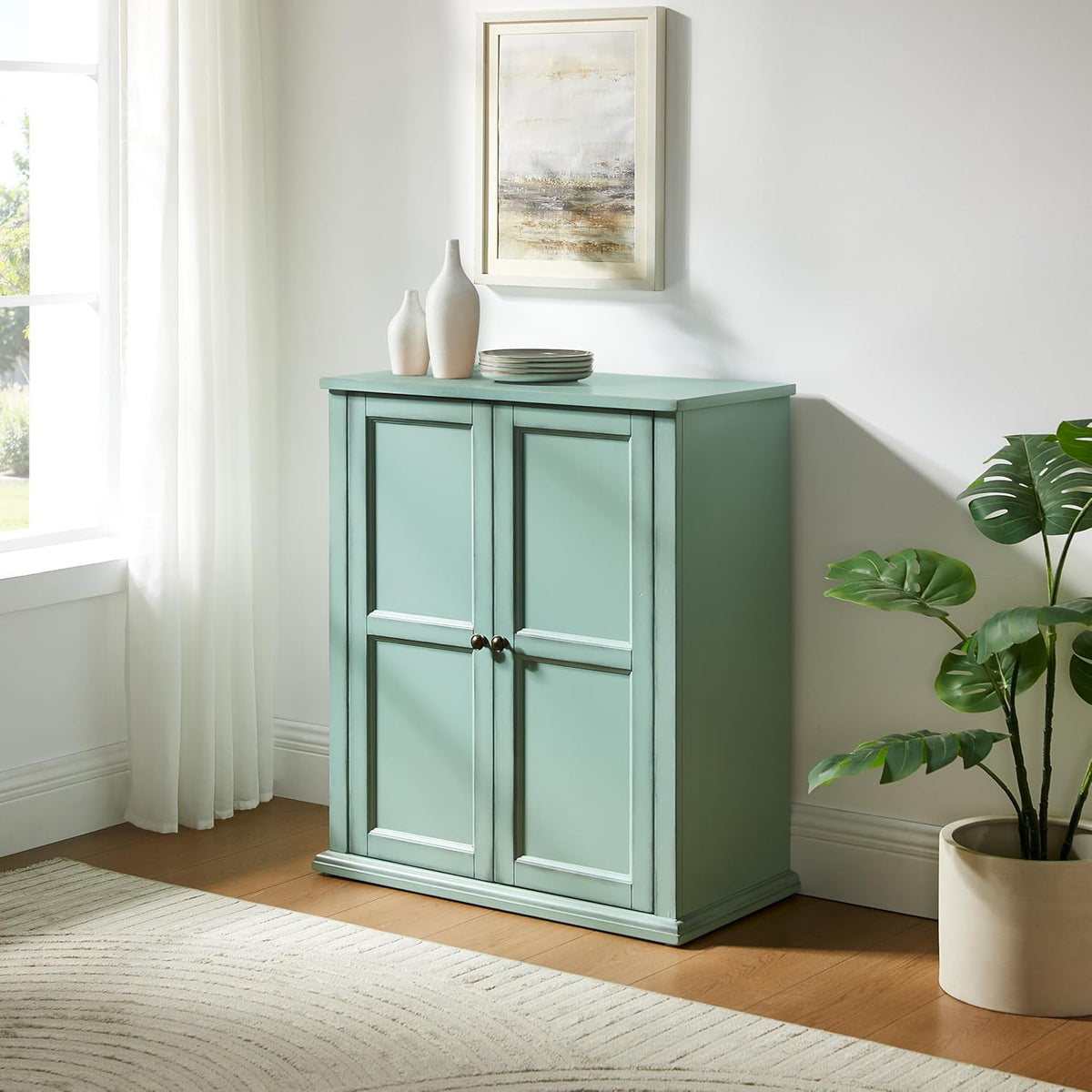 Crosley Furniture Holbrook Traditional Stackable Kitchen Storage Pantry, Accent Cabinet, Bathroom Storage, Distressed Seafoam Blue