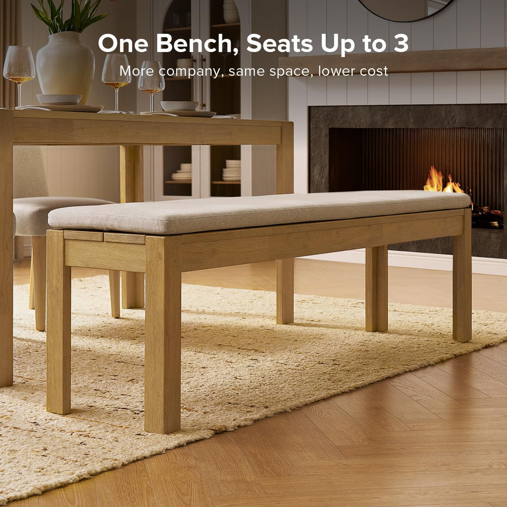 mopio Logan Upholstered Beige Dining Bench, Modern Farmhouse Solid Wood with Light Wire Brush for Dining Room and Kitchen (64" Dining Bench)