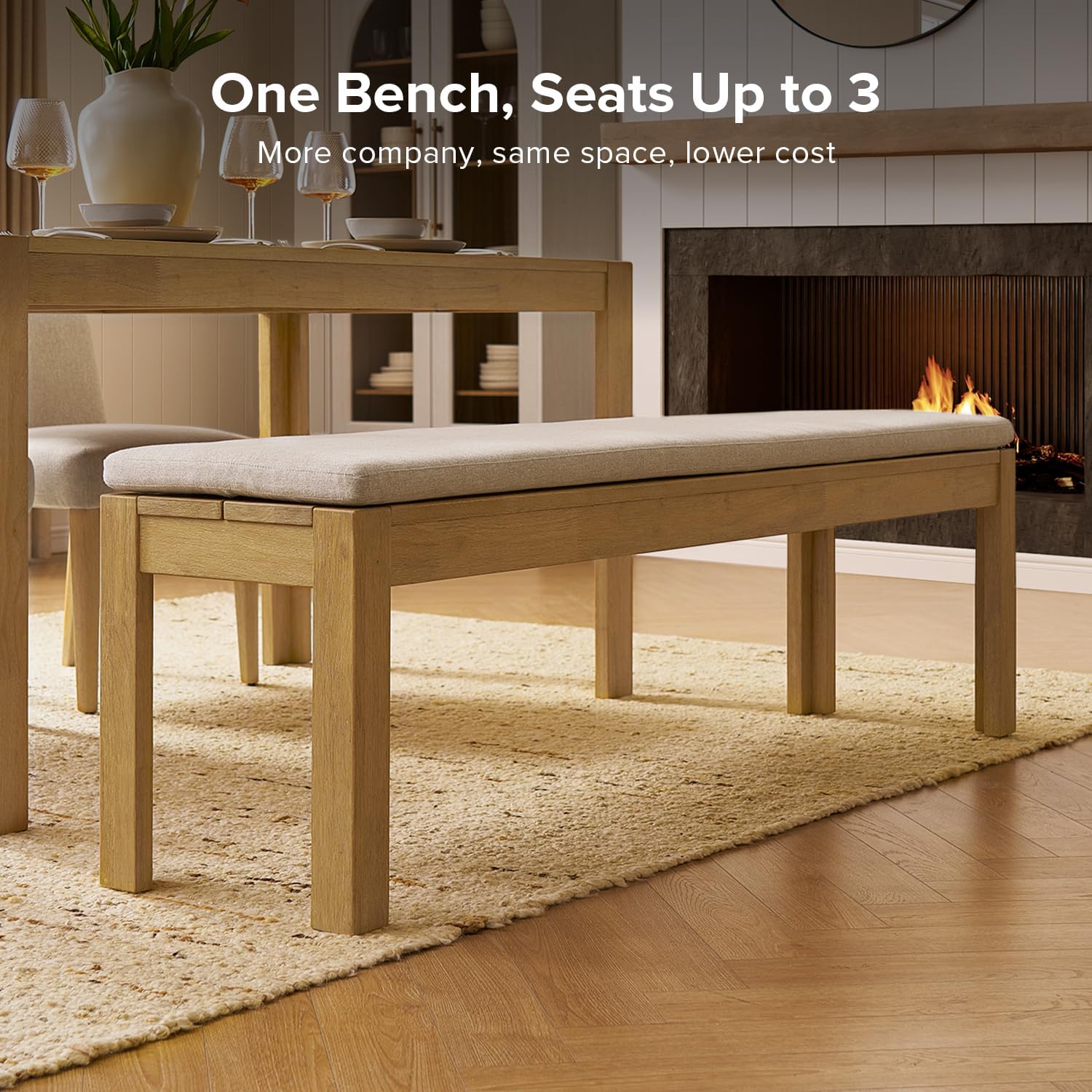 mopio Logan Upholstered Beige Dining Bench, Modern Farmhouse Solid Wood with Light Wire Brush for Dining Room and Kitchen (64" Dining Bench)