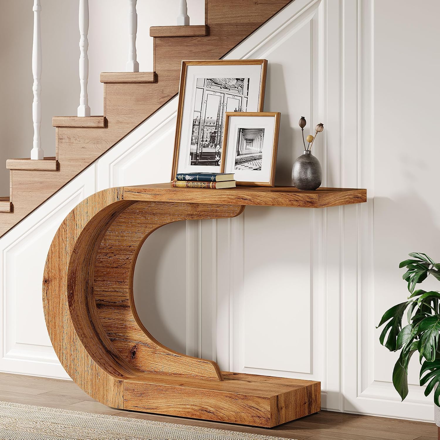 Tribesigns 43.3" Farmhouse Console Table for Entryway, Unique C-Shaped Rustic Sofa Table Behind Couch with Storage for Living Room, Hallway, Entry, Entrance, Foyer, Easy Assembly, Natural Brown