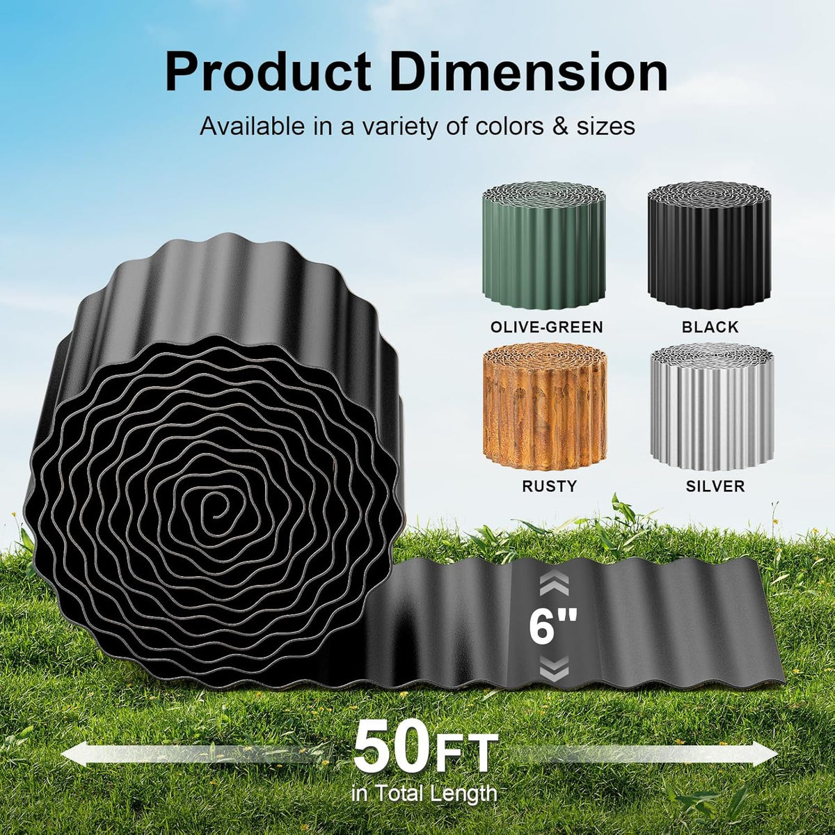 Land Guard Corrugated Garden Edging Border, 6"×50' Landscape Paver Edging, Tall Landscape Edging, Fence for Garden, Flower Bed, Lawn and Landscape Edging (Black)