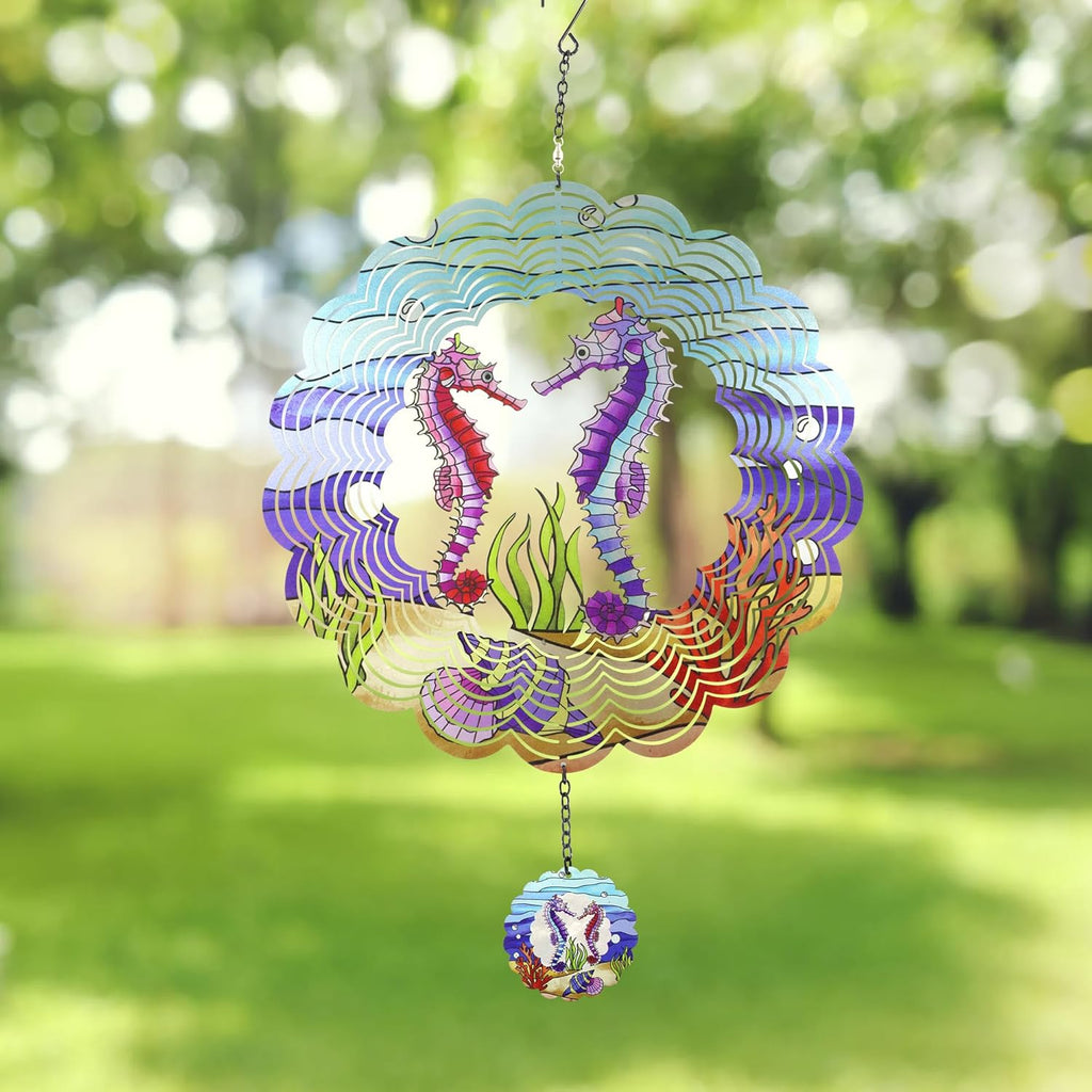 Seahorse 3D Wind Spinner Kinetic Metal Art Hanging Wind Spinner Outdoor Decoration Ocean Ornaments Decor for Yard and Garden