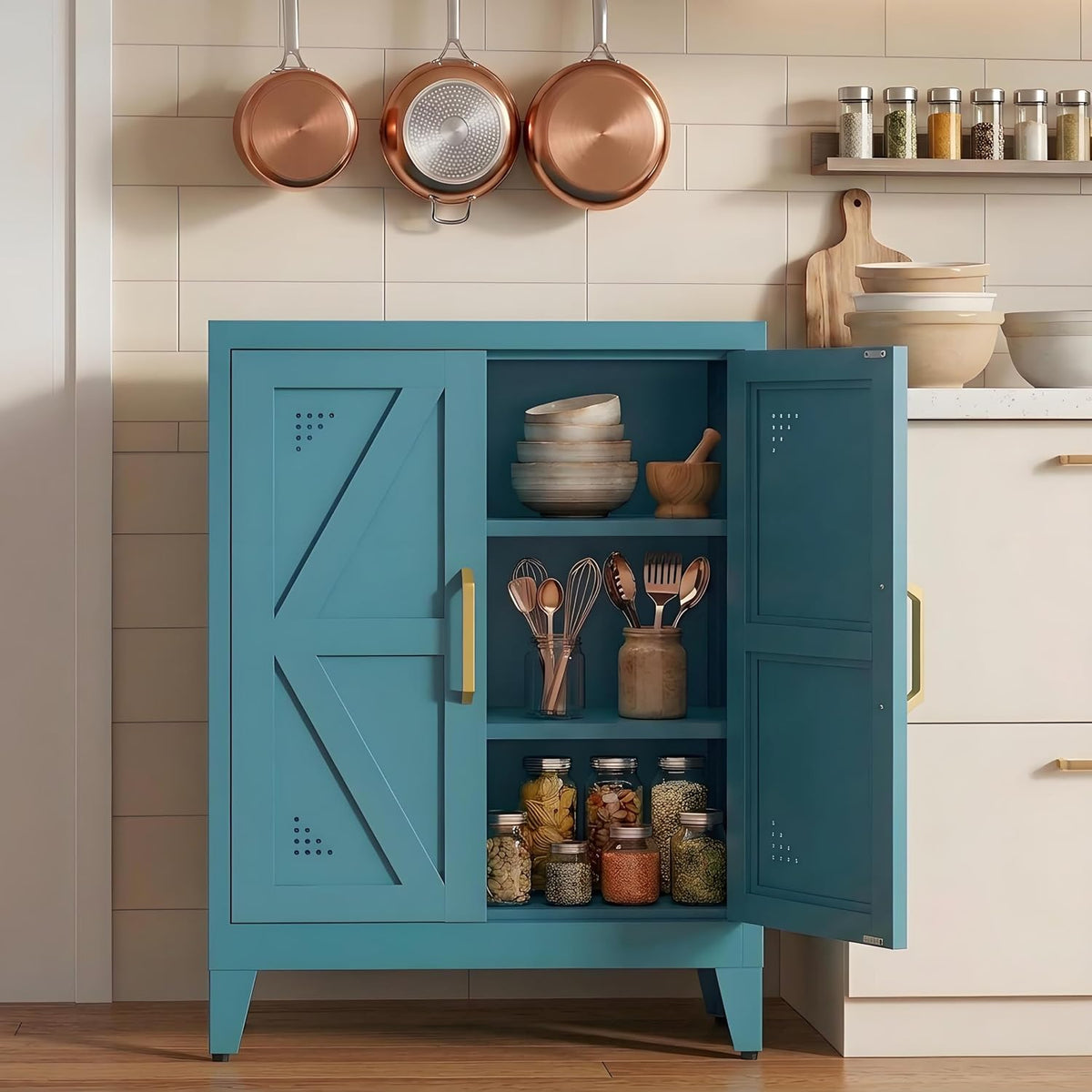 Short Pantry Cabinet with 2 Doors and Adjustable Shelves | Small Kitchen Storage Cabinet with Leveling Feet and Anti-Tip, Kitchen Pantry & Sideboard Cabinet for Entryway, Living Room