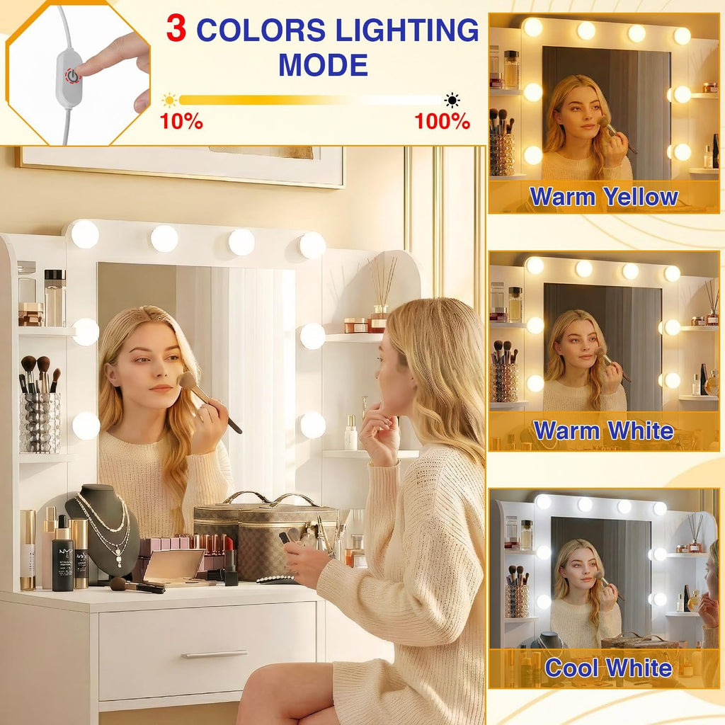 ‌FDW Vanity Desk with Mirror and Lights, 2-Drawer Makeup Vanity Desk with 3 Adjustable Light Colors, 6 Shelves and Power Outlets for Bedroom, White