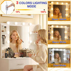 ‌FDW Vanity Desk with Mirror and Lights, 2-Drawer Makeup Vanity Desk with 3 Adjustable Light Colors, 6 Shelves and Power Outlets for Bedroom, White