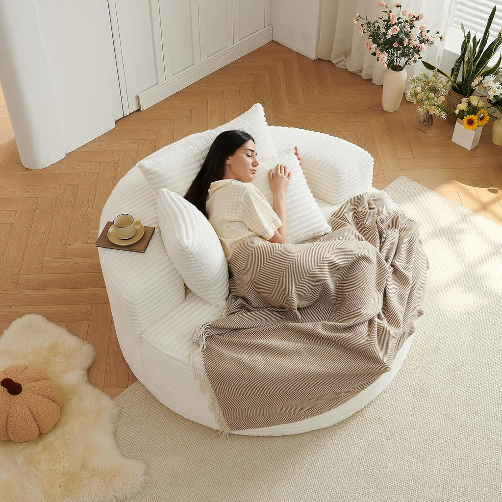 55''L Oversized Round Chaise Longue Chair Indoor, Corduroy Sponge Single Sofa, Oversized Round Chairs, Modern Sleeper Chair for Living Room,Projection Room, Wide Armrest Chairs Beige