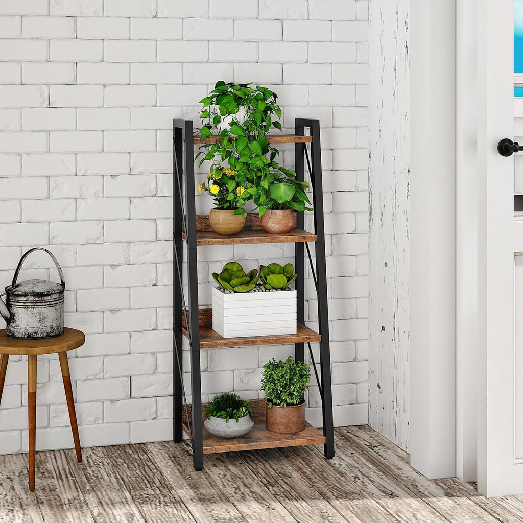 HOOBRO Ladder Shelf, 4-Tier Bookshelf, Corner Bookcase, Freestanding Storage Shelf Display Organizer, for Living Room, Bedroom, Home Office, Kitchen, Rustic Brown and Black BF304CJ01