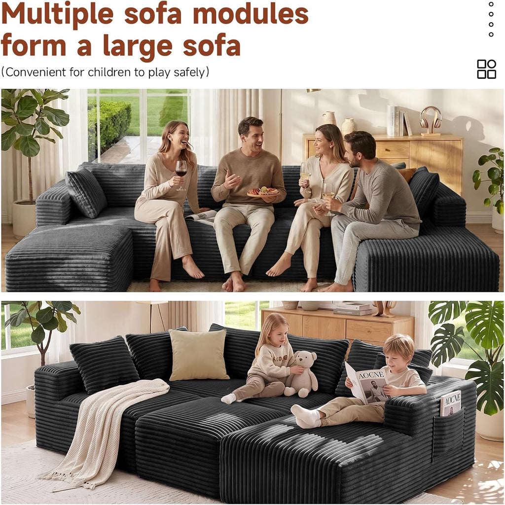 Couch ≈139" U-Shaped Sofa, Modular Sofa in Living Room Comfy Corduroy Fluffy Couch with Deep Seat and Side Pockets, Flexible Module Combination for Living Room (Black, 139IN)