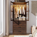 75" Tall Farmhouse 2 Doors Armoire Wardrobe Closet with 3 Drawers and LED,Freestanding Closet Wardrobe Cabinet for Bedroom with Hanging Rod,Wooden Armoire Storage Cabinet with Adjustable shelve(Brown)