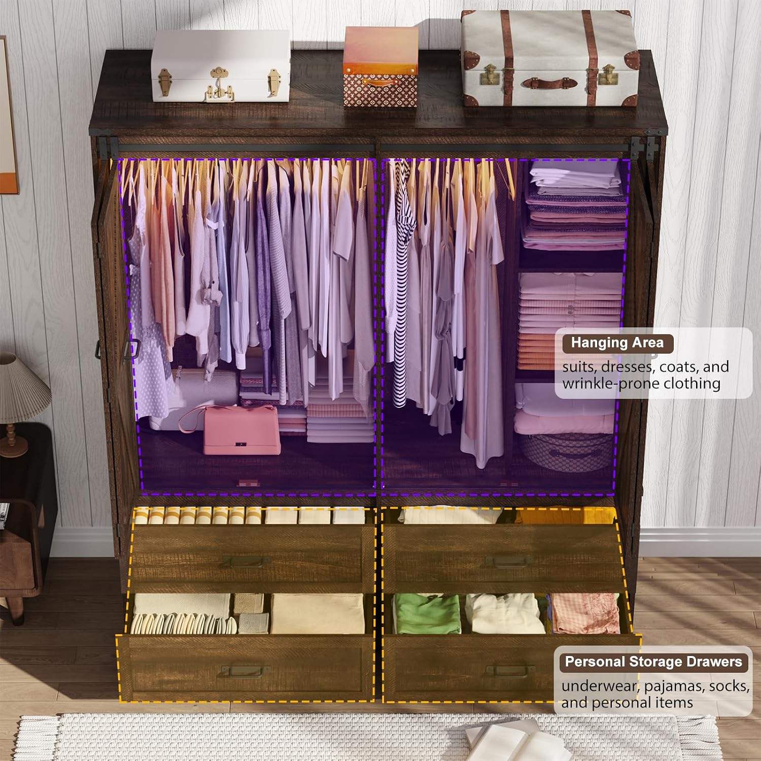 Farmhouse 4 Doors Armoire Wardrobe Closet w/Folding Sliding Barn Door and Lights, LED Armoire Closet w/Drawers for Bedroom, Freestanding Wooden Wardrobe Storage Closets w/Hanging Rod,Rustic Brown