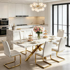 Faux Marble Dining Table Set for 6, Modern Kitchen Table Chairs Set 6, 70" Faux Marble Table with Gold Stainless Steel Leg, 6 White Pu Leather Chairs, 7 Piece Dining Set for Kitchen Living Dining Room