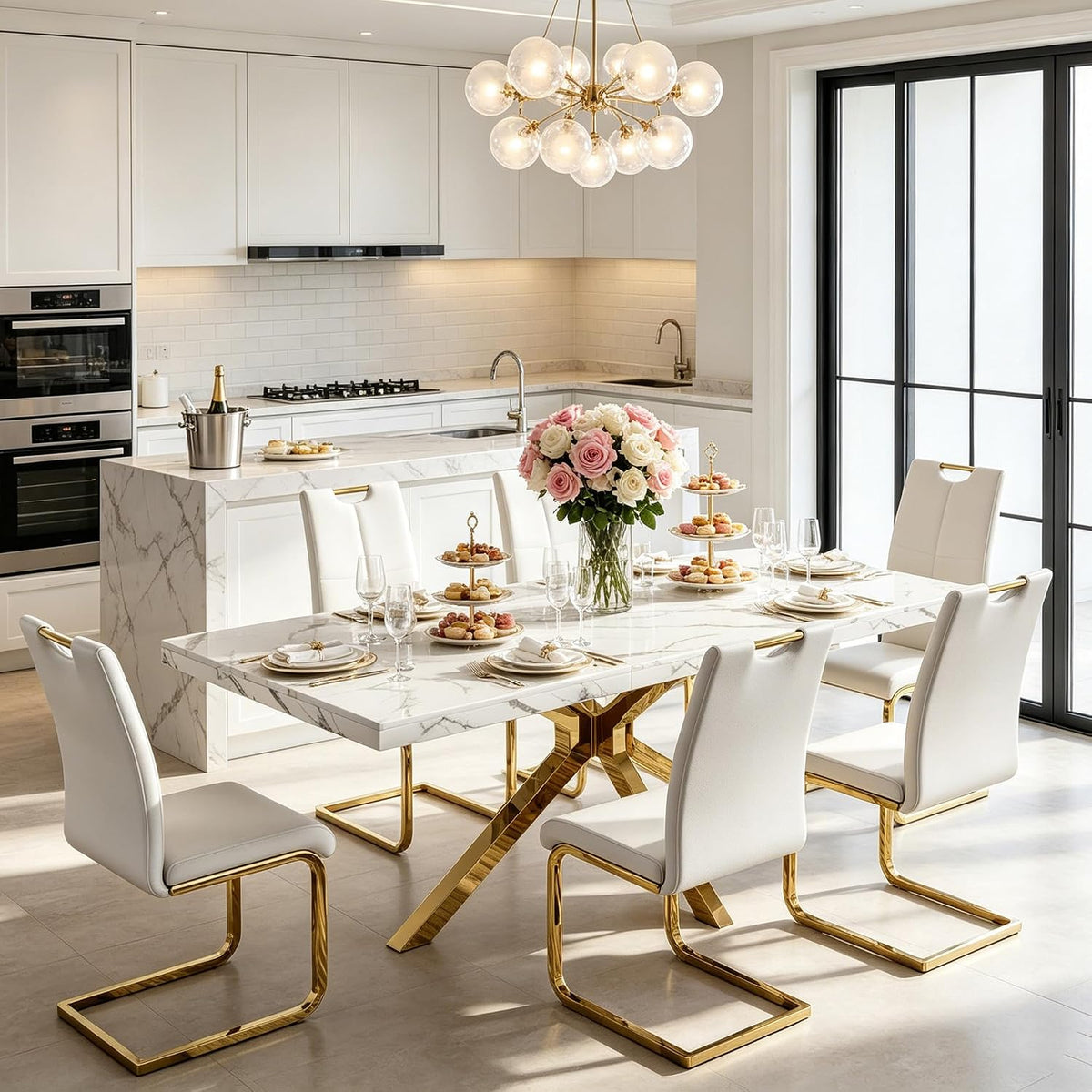 Faux Marble Dining Table Set for 6, Modern Kitchen Table Chairs Set 6, 70" Faux Marble Table with Gold Stainless Steel Leg, 6 White Pu Leather Chairs, 7 Piece Dining Set for Kitchen Living Dining Room