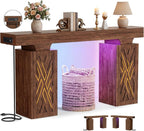 iSunirm 63 Long Thick Entryway Table with Hollow Carved Storage Legs, 400+ lbs Load Console Table with Reversible Outlets & RGB Light, Space-Saving Wood Sofa Table for Hallway Foyer, Cracked Oak