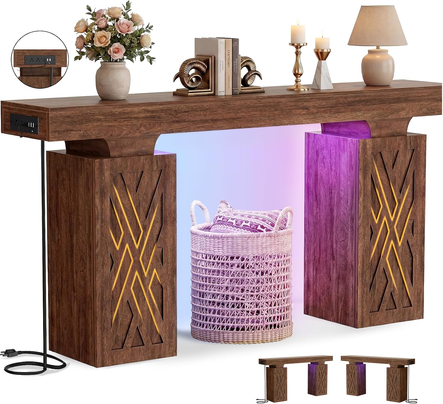 iSunirm 63 Long Thick Entryway Table with Hollow Carved Storage Legs, 400+ lbs Load Console Table with Reversible Outlets & RGB Light, Space-Saving Wood Sofa Table for Hallway Foyer, Cracked Oak