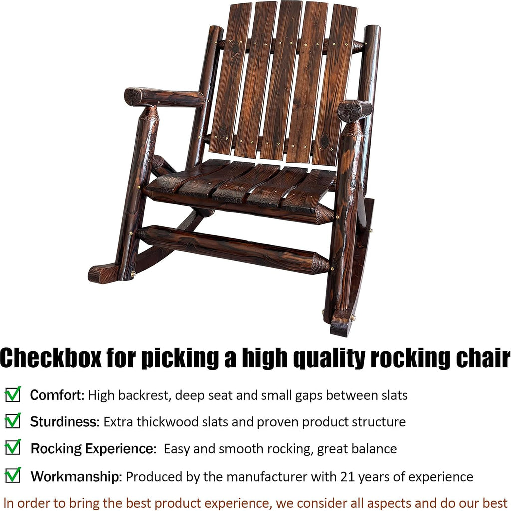 Rustic Log Wooden Rocking Chair, Handcrafted Solid Fir Wood Outdoor Rocker for Porch, Patio, Heavy-Duty 700 LBS, Weather-Resistant Finish, Natural Charm (Deep Brown)