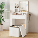 LIVELYGLOW 24" White Small Vanity Set with Lighted Mirror & Storage Stool | Smart LED Mirror, Charging Station, Hairdryer Rack, Space-Saving
