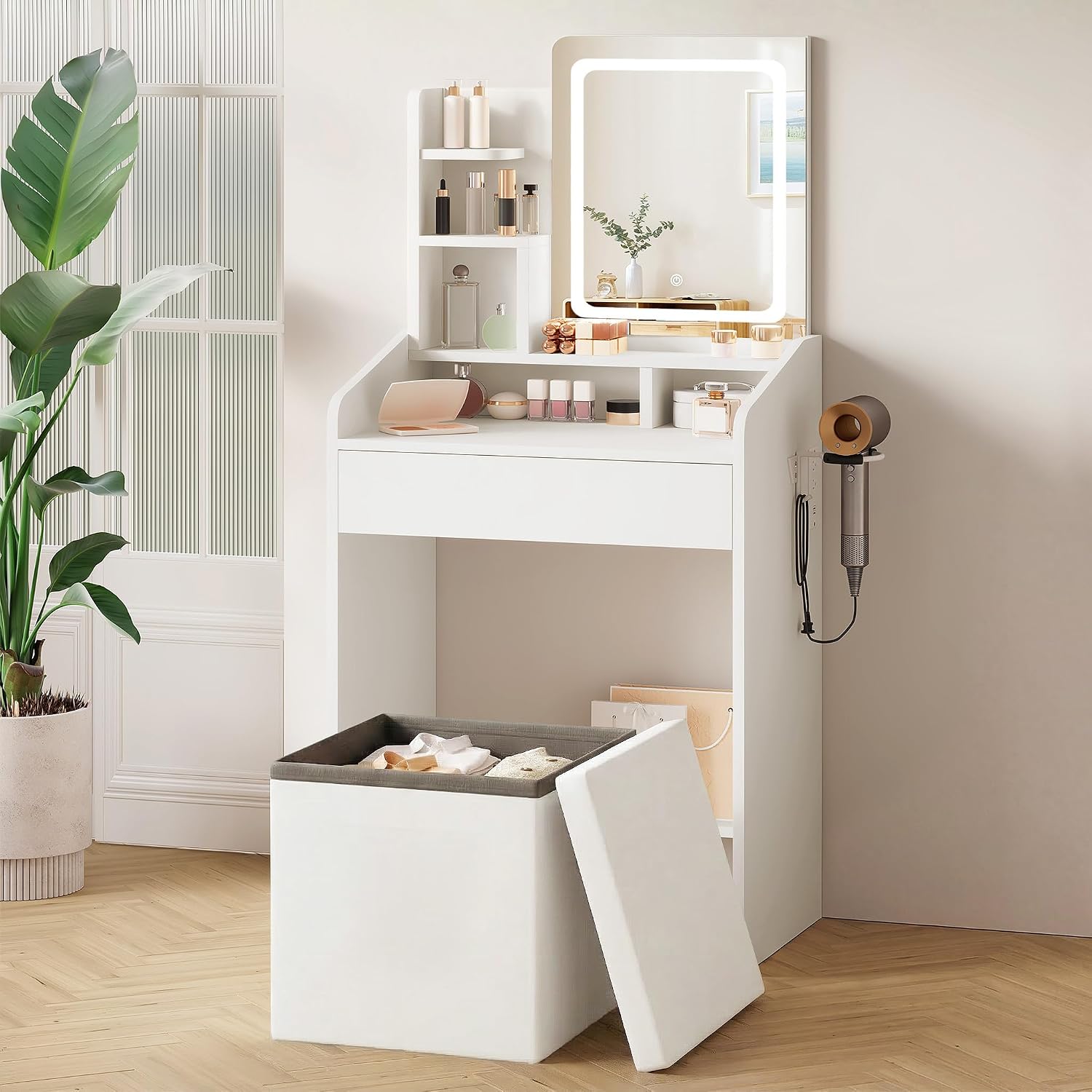 LIVELYGLOW 24" White Small Vanity Set with Lighted Mirror & Storage Stool | Smart LED Mirror, Charging Station, Hairdryer Rack, Space-Saving
