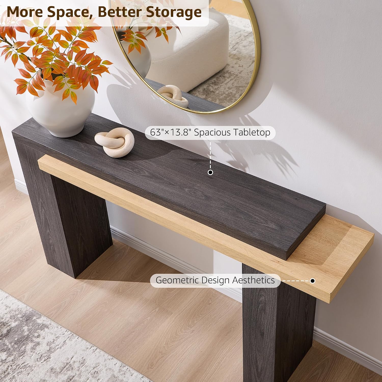 OKD 63" Geometric Console Table with Layered Top, Natural Oak & Dark Alder | Extended Layered Top, Sturdy Support Legs, Entryway, Hallway, Foyer, Living room, Behind Sofa
