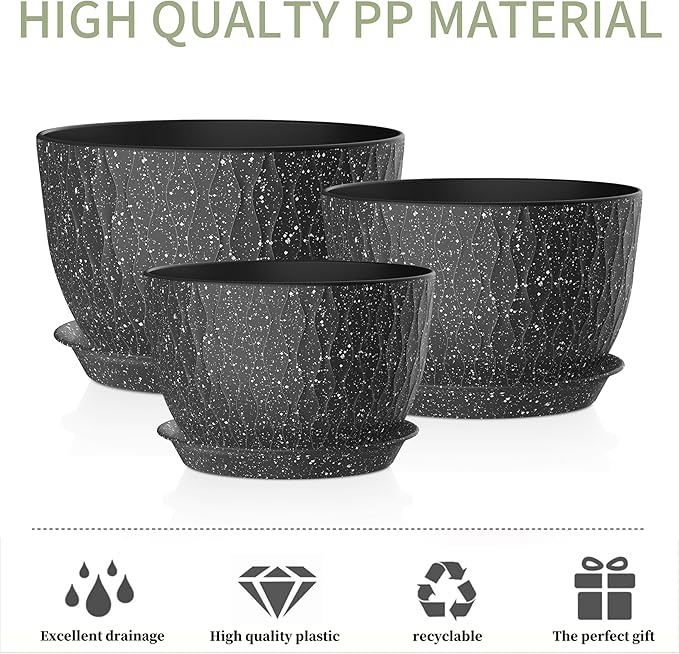 12/10/9 Inch Plant Pots, 3 Pack Large Flower Pots for Indoor and Outdoor Plants with Water Ripples, Large Plastic Flower Pots with Drainage Holes and Tray for Garden Indoor Plants