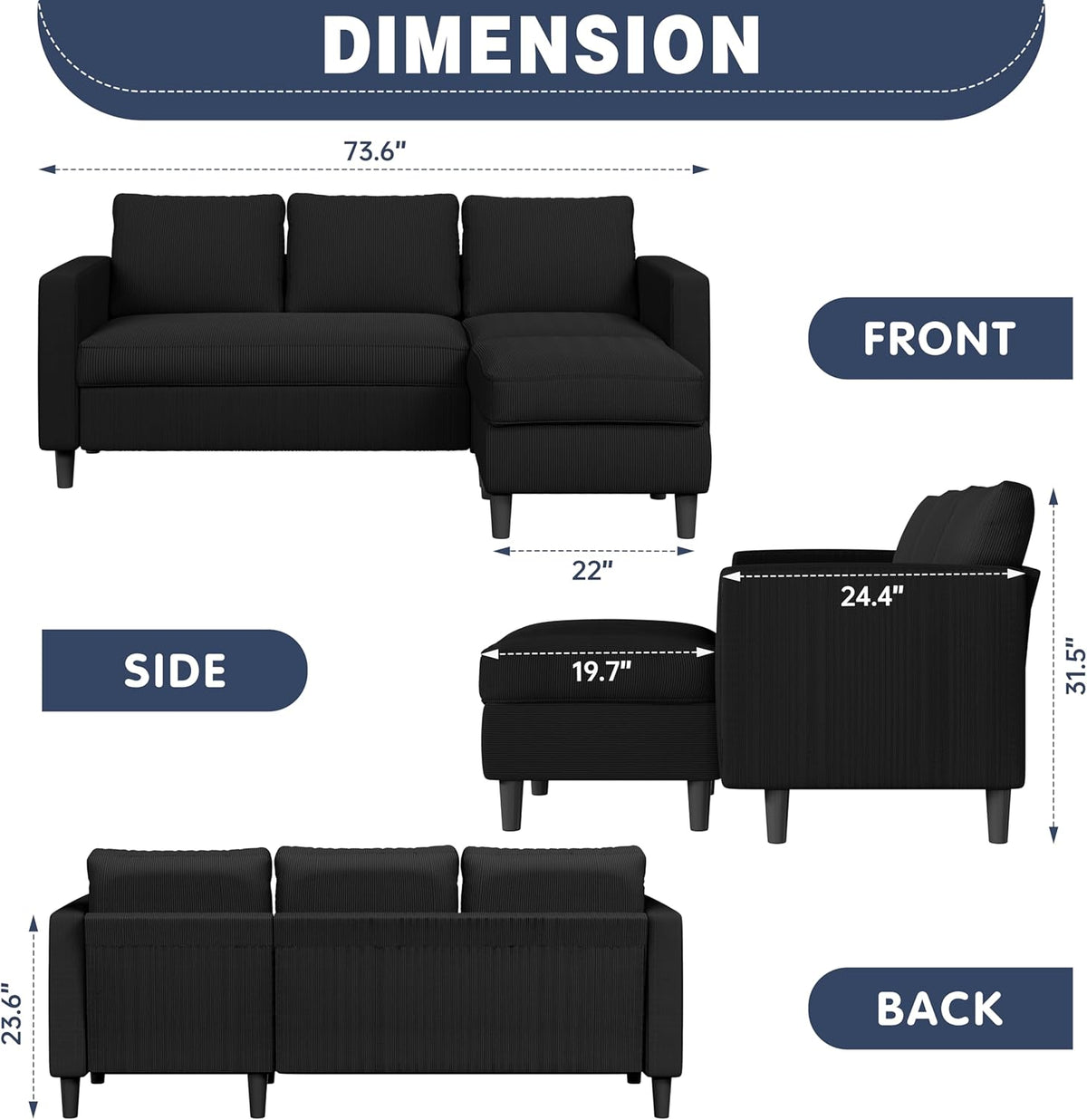 Shintenchi Modern Upholstered Sectional Sofa, L-Shaped Couch with Movable Ottoman and Reversible Chaise for Living Room, Black Corduroy Fabric