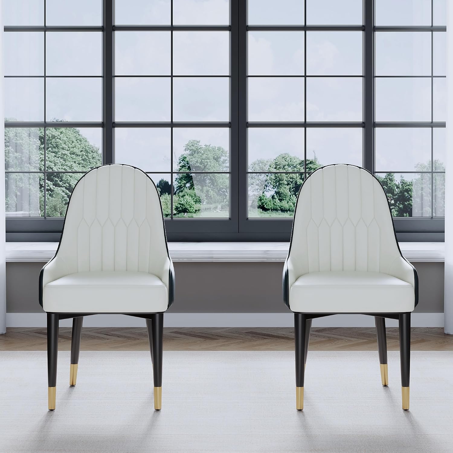 AF ARTISAN FURNITURE Black White Dining Chairs Set of 2 with High Backs Mid Century Modern Kitchen Dining Room Chairs PU Faux Leather Upholstered Large Padded Accent Chair with Legs