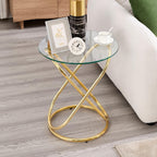 BECHAEO 19.7" Round Glass Gold Side Table with Gold-Plated Metal Ring-Shaped Frame for Living Room, Modern Round Glass End Table Nightstand for Bedroom, Small Side Table for Small Spaces