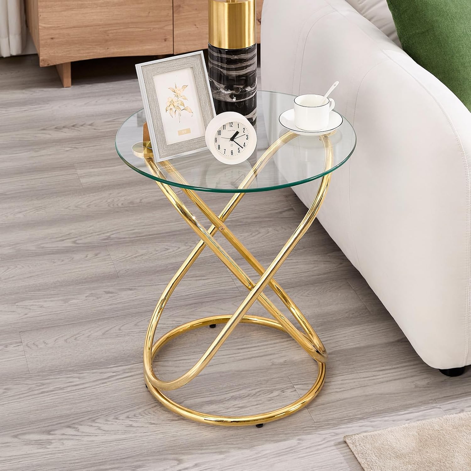 BECHAEO 19.7" Round Glass Gold Side Table with Gold-Plated Metal Ring-Shaped Frame for Living Room, Modern Round Glass End Table Nightstand for Bedroom, Small Side Table for Small Spaces