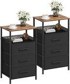 JARHETUN Nightstand Set of 2, Night Stands with 3 Fabirc Drawers, 26.4 Inch Tall Bedside Table with Metal Shelf, Modern Side End Table Storage Furniture, Small Dresser for Bedroom, Rustic Brown