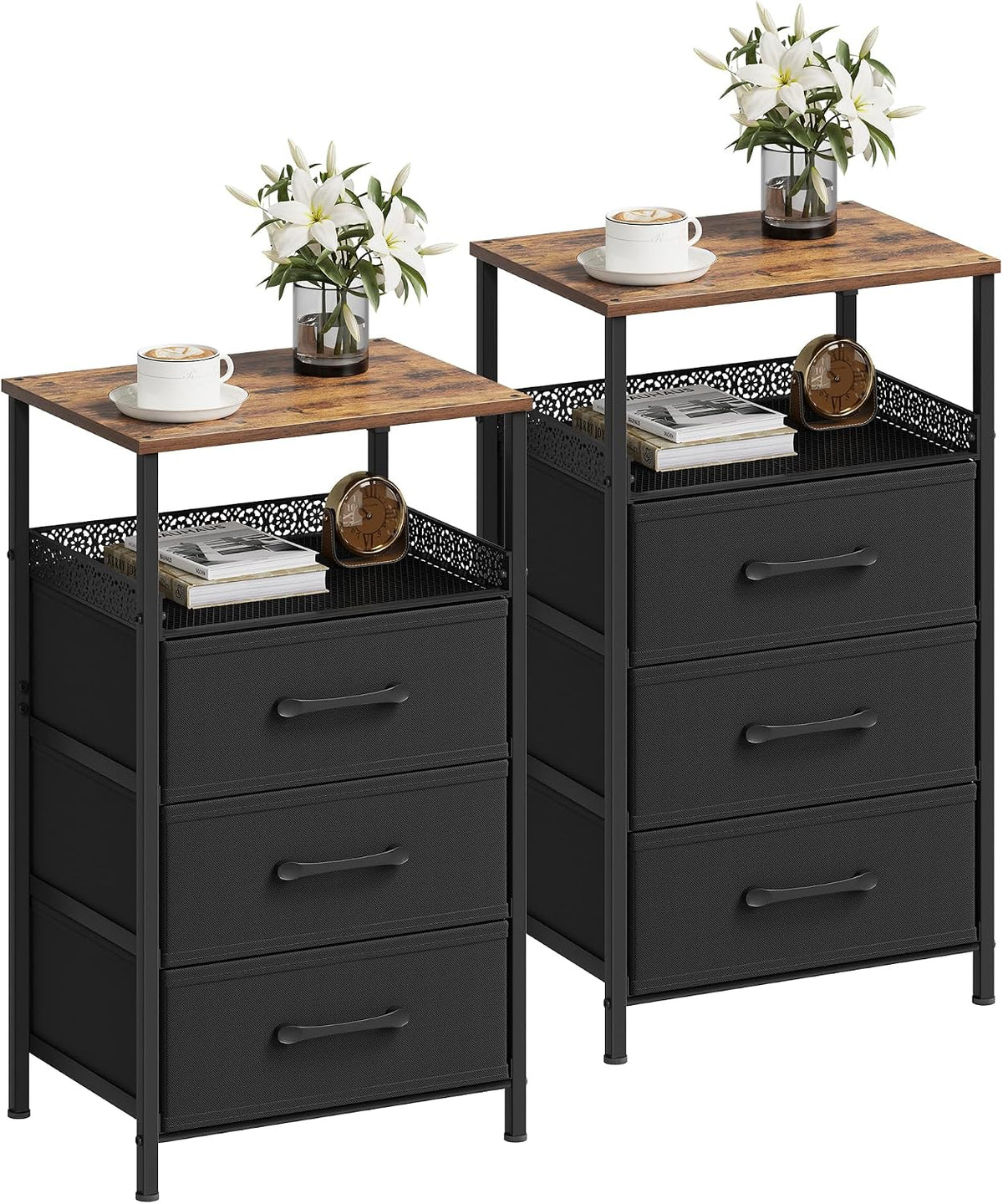 JARHETUN Nightstand Set of 2, Night Stands with 3 Fabirc Drawers, 26.4 Inch Tall Bedside Table with Metal Shelf, Modern Side End Table Storage Furniture, Small Dresser for Bedroom, Rustic Brown