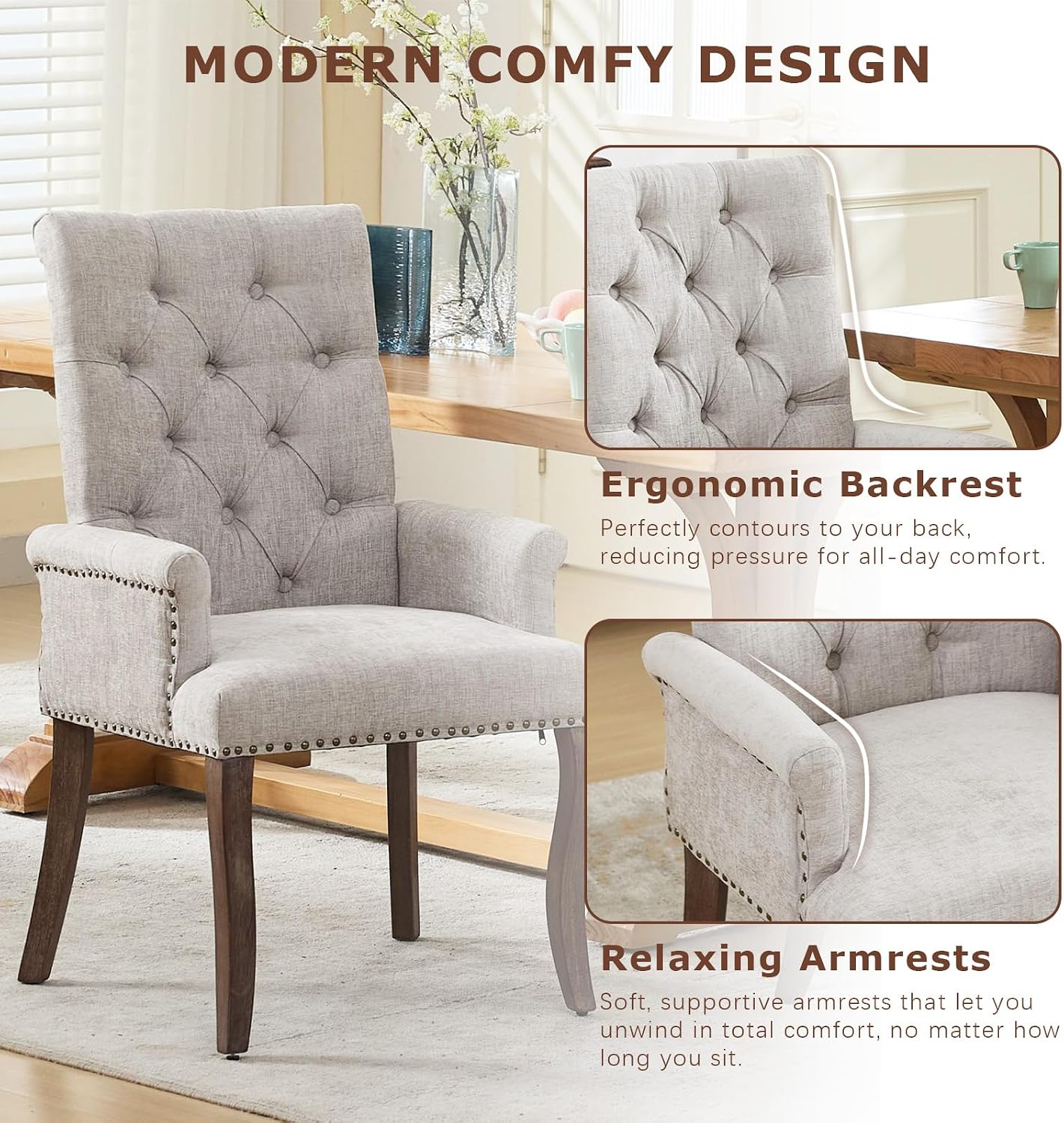 SoarFlash Chenille Dining Chairs Set of 2, Tall Back Side Chair，Modern Upholstered High-end Tufted Side Chair with Armrest, Solid Wood Leg, Beige