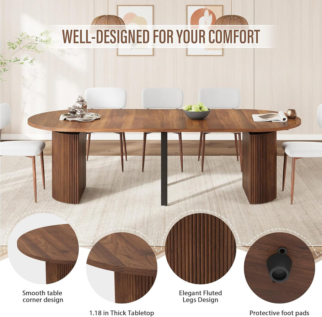 weselon 42"-105" Extendable Dining Table for 4-12, Expandable Oval Dining Room Table with Fluted Pedestal Base & Reinforced Metal Support Leg, Large Modern Kitchen Table for Dining Room (Walnut)