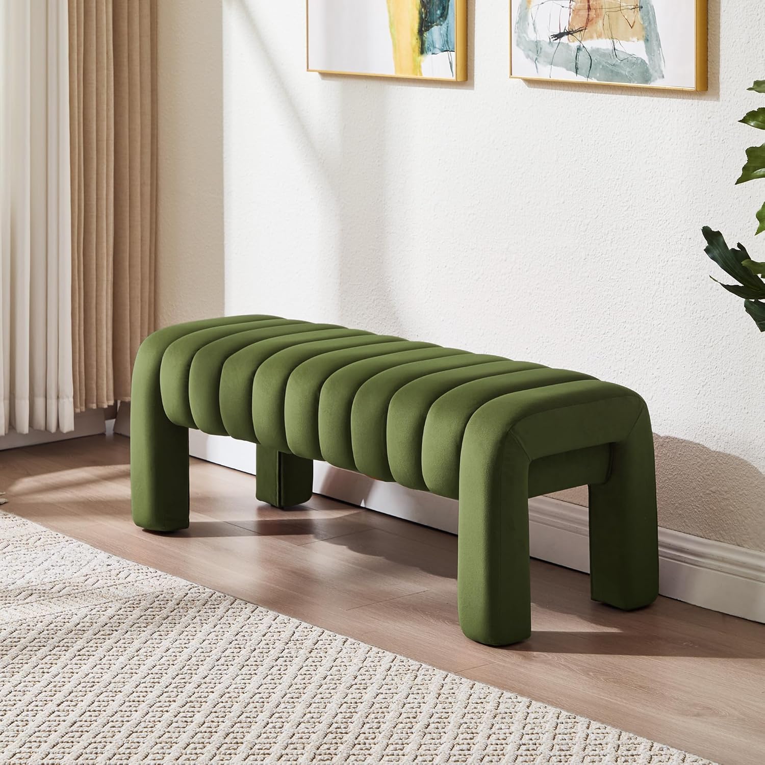 43.3” Dining Room Bench, Olive Green Tufted Upholstered End of Bed Bench, Modern Entryway Ottoman Window Seat with Solid Wood Legs and Padded Seat for Bedroom, Hallway and Living Room (Velvet)