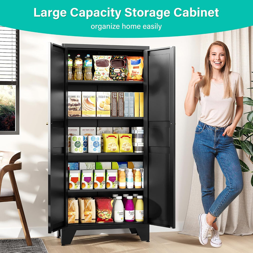 SISESOL Metal Storage Cabinet with Doors and Shelves,Black Storage Cabinet with Leg,Metal Pantry Cabinets,Ventilated Pantry Closet,Tall Large Cupboard for Home,Kitchen,Dining/Living/Laundry Room