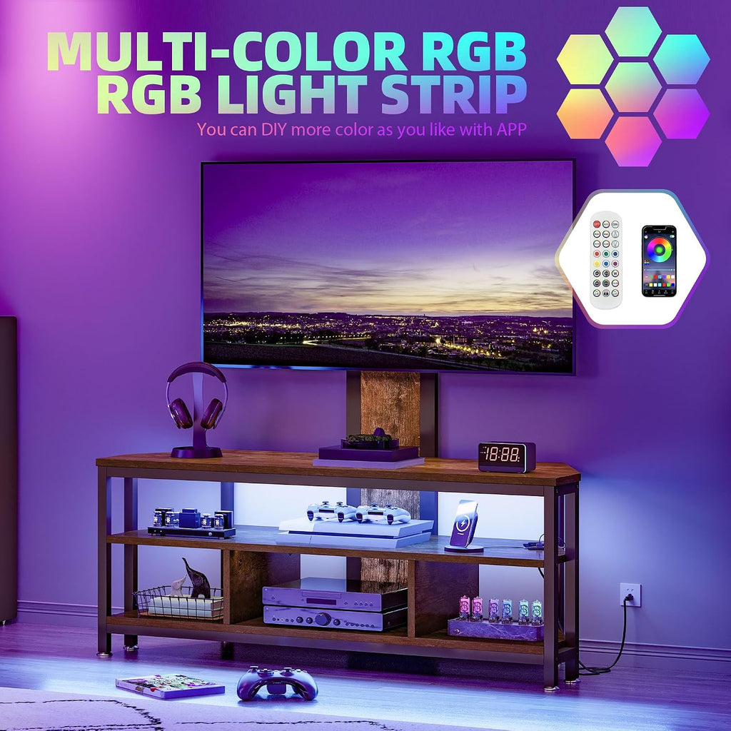 DWVO Corner TV Stand with Mount & LED, Height Adjustable, Rustic Brown | Entertainment Center With Height Adjustable Mount, Led Lights, Power Outlet, Corner Design, Fits 60-70 Inch Tvs, Rustic Style