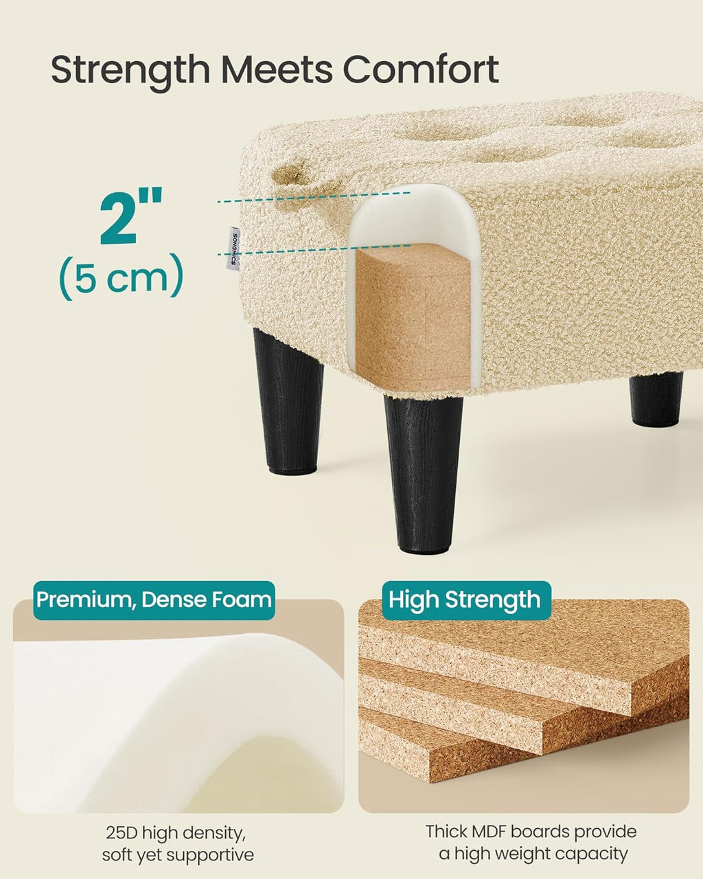 SONGMICS Foot Stool, Small Teddy Fleece Footstool Ottoman with Thick Cushion and Legs, for Living Room, Bedroom, Entryway, 330 lb Weight Capacity, Summer Sand and Ink Black ULOM503LF01