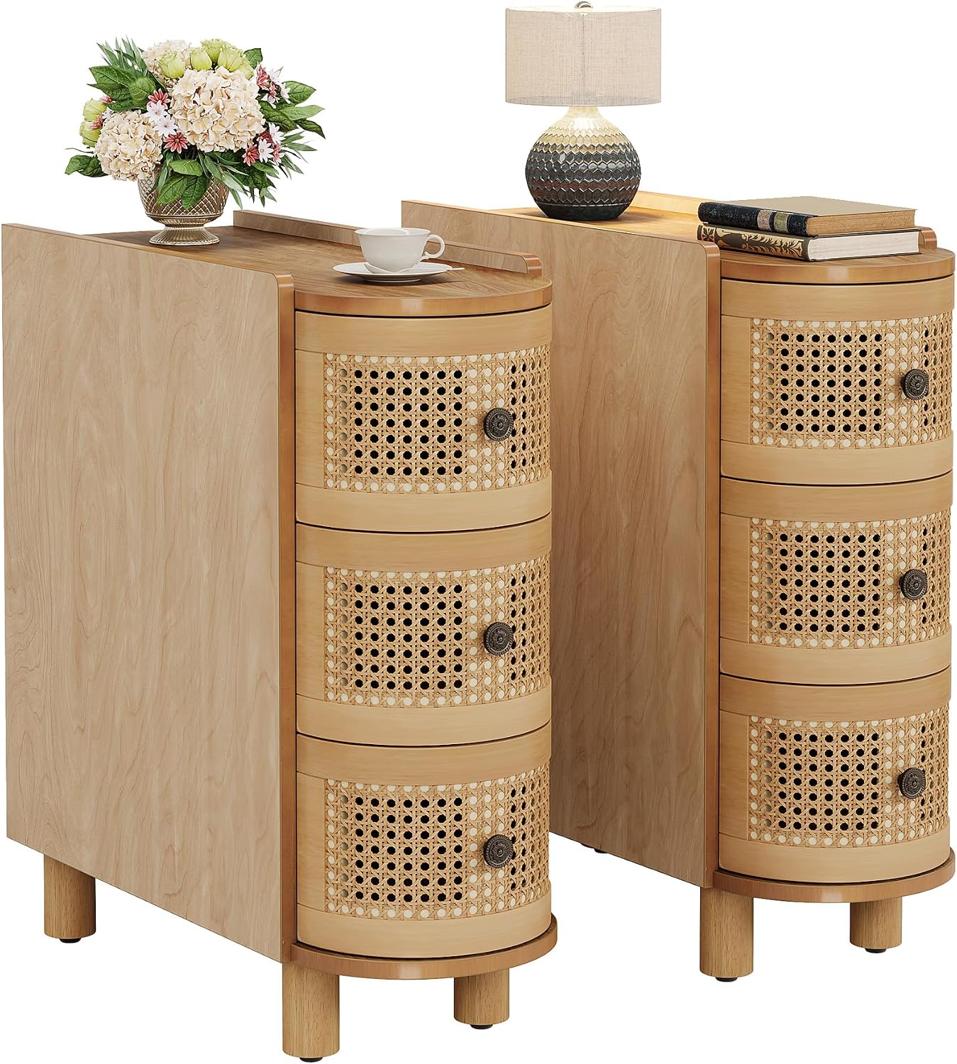 Tribesigns 3-Drawer Rattan End Table, Sofa Side Table with Vintage Embossed Handles for Living Room, Bedroom (2, Oak)