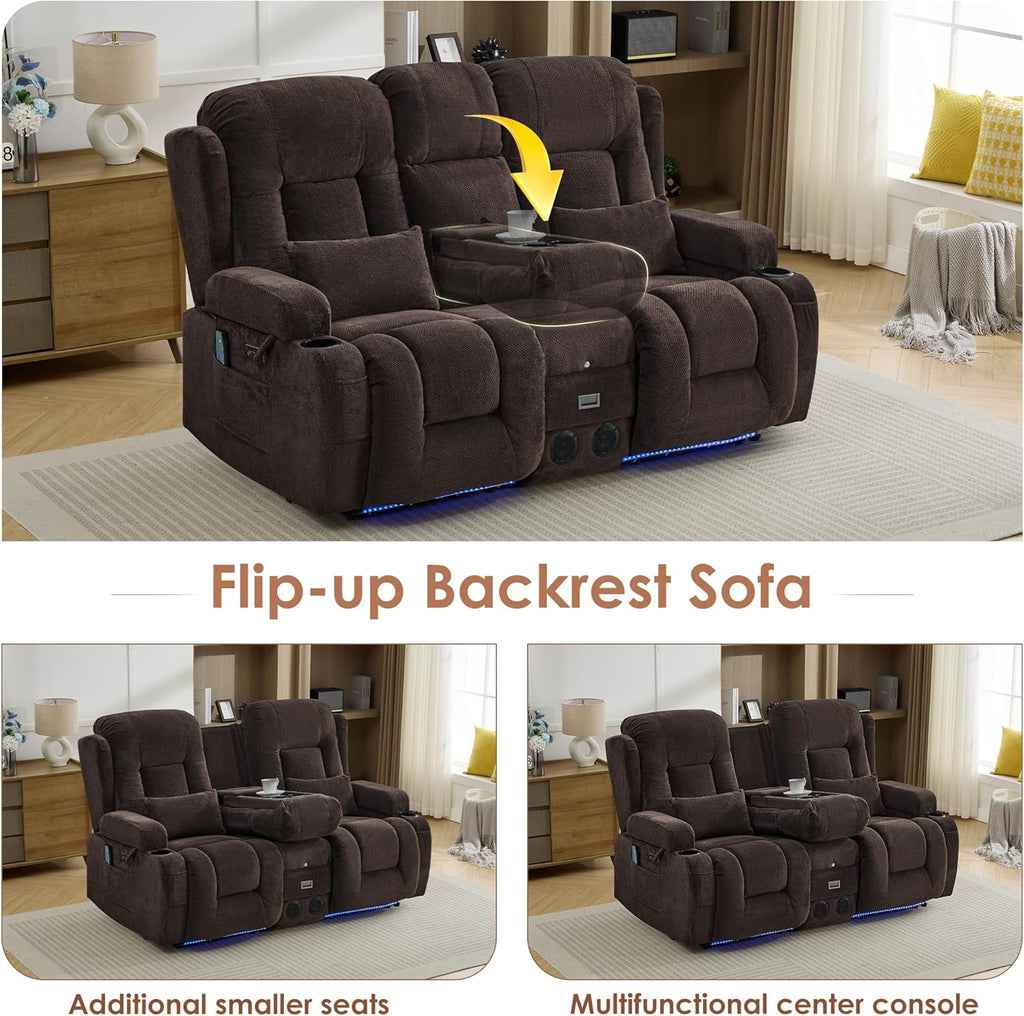 TUNYI Wall Hugger Loveseat Recliner Sofa with Console, Power Reclining Loveseat RV Couch with Massage & Heat/USB/Outlet/Storage/LED Light/Speaker (Brown, 2 Seat with Console)
