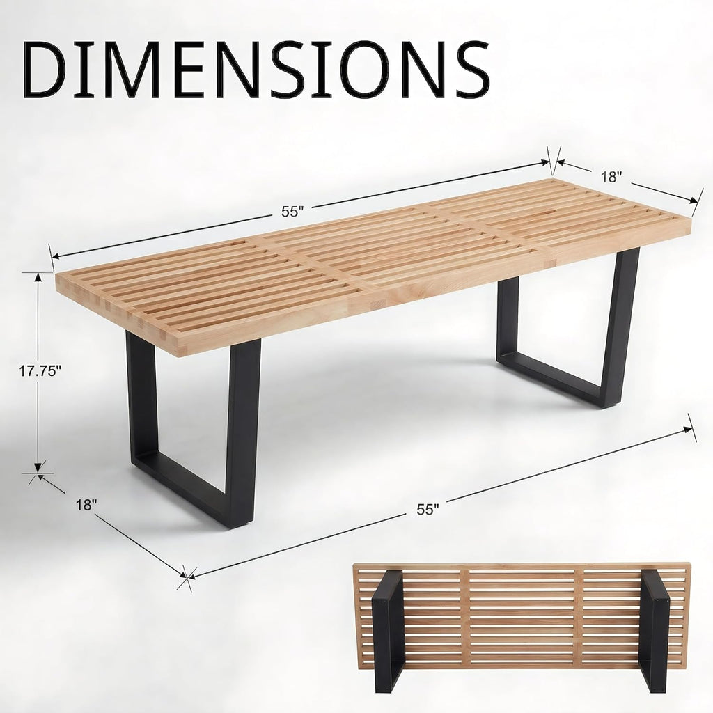 HNY Modern Entryway Bench Wood Dining Bench Minimalist Nelson Bench with Metal Legs for Bedroom Dining Room Hallway Foyer Living Room, Natural Finish