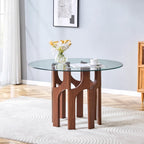 46" Round Tempered Glass Dining Table for 4-6, Mid-Century Modern Glass Dining Room Table with MDF Sculptural Base, Clear Kitchen Dinner Table for Small Space Home Apartment Dining Room,Walnut