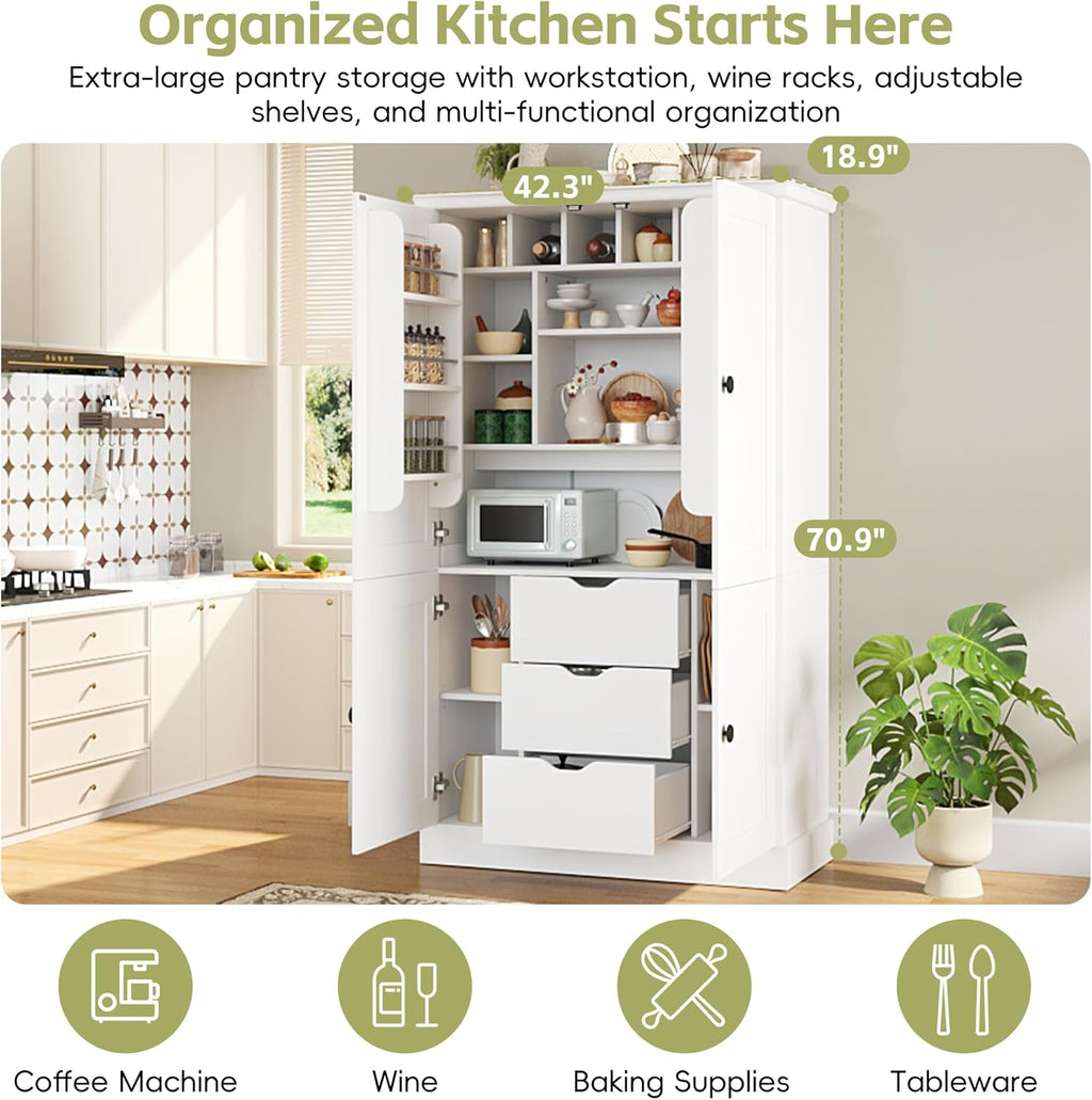 70.9" Tall Kitchen Pantry Cabinet with 4 Doors 3 Drawers 6 Wine Racks & Removable Shelves, Freestanding Storage Cabinets with Built-in Workstation for Kitchen Dining Room Living Room(White)