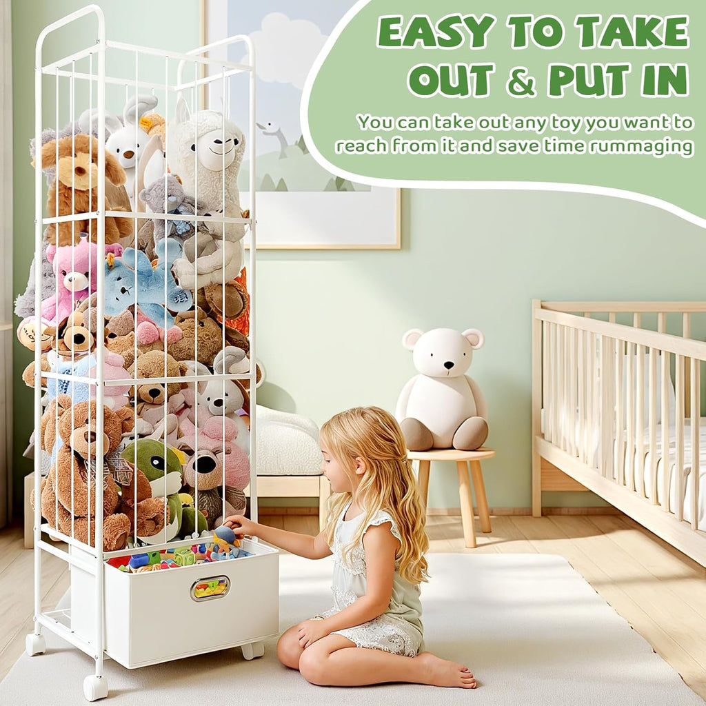 Stuffed Animal Storage, Metal Stuff Animals Zoo Holder with Fabric Drawer and Wheels Tall Vertical Plushies Toy Organizer Plush Storage Cage with Elastic Band for Nursery Playroom Corner